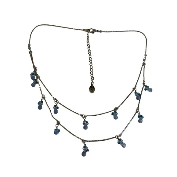 Silvertone Blue Beaded 2 Strand Necklace With Adjustable Chain 17 - 20 inches - Picture 1 of 6